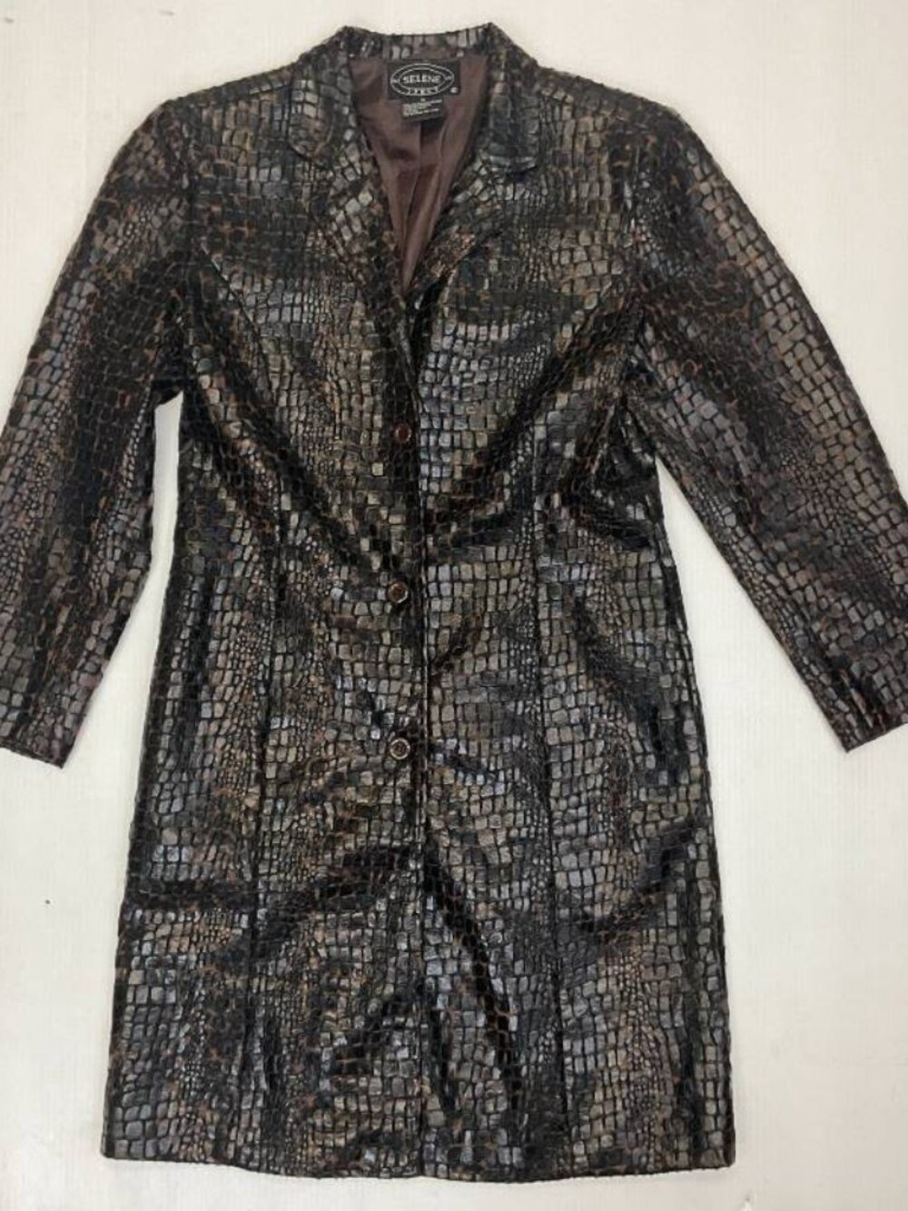 Vintage SELENE Sport Brown/Black Faux Alligator Womens Long Jacket Sizec Med.
